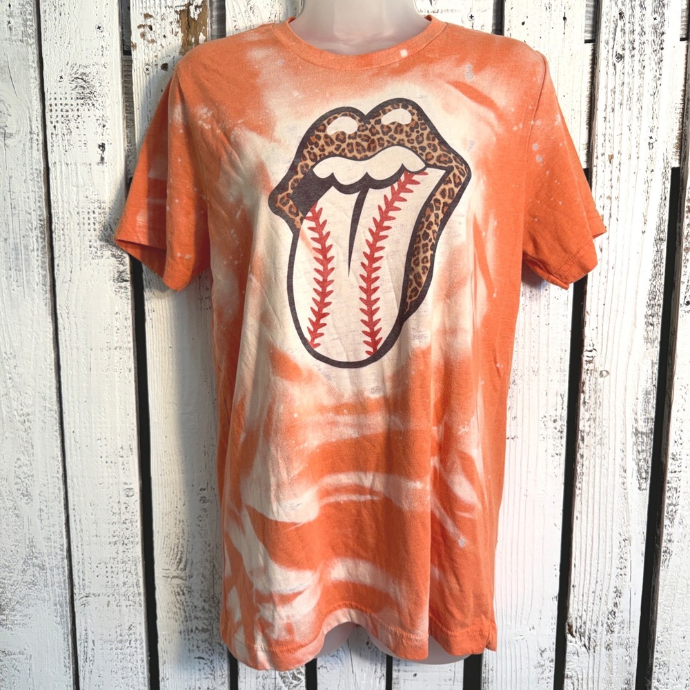 Bella Canvas Orange Bleached Baseball Mom T-Shirt M Leopard Lips Orange Graphic